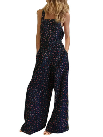 Women Cotton Floral Print Side Button Wide Leg Sleeveless Vintage Jumpsuits With Pocket