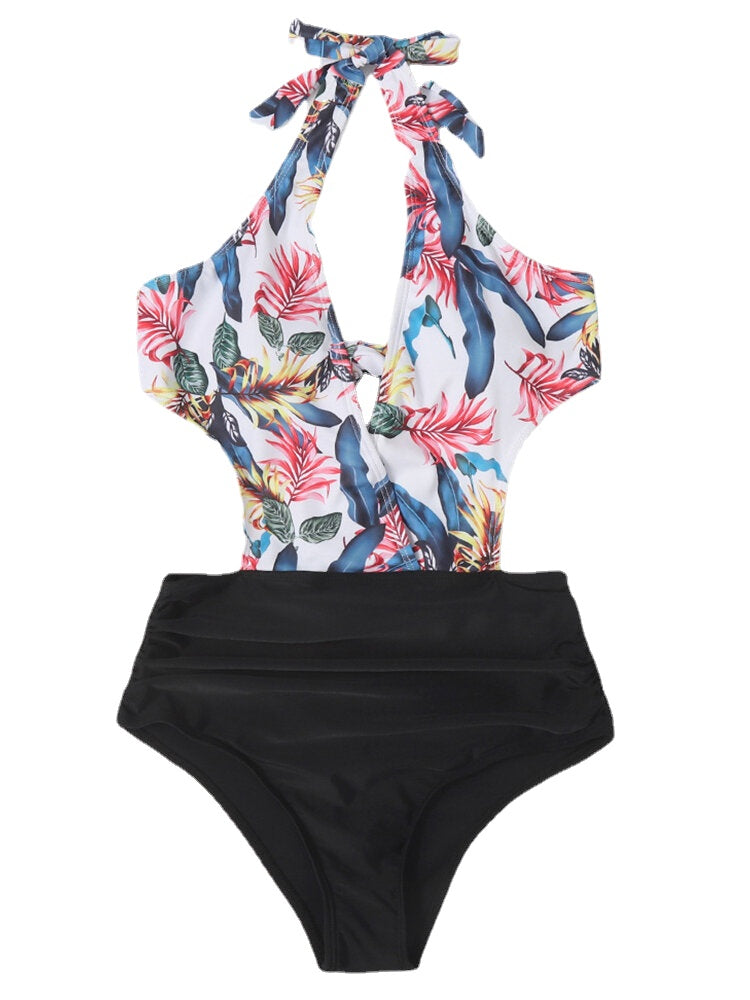 Women Floral Print Patchwork V-Neck Low-Cut Halter One-Piece Holiday Beach Swimwear