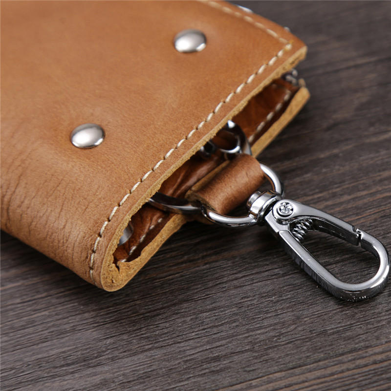 Men And Women Retro Genuine Leather Multi-function 6 Key Holder Purse Solid Card