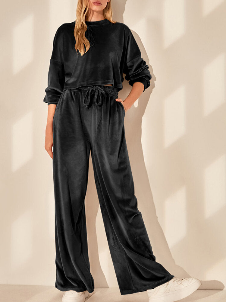 Women Puff Sleeve Thick Maxi Length Side Pockets Solid Two-Piece Sets