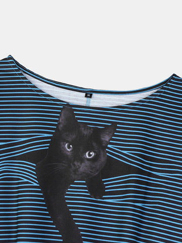 Women Stripe Cartoon Cat Print Double Pocket Long Sleeve Blouses