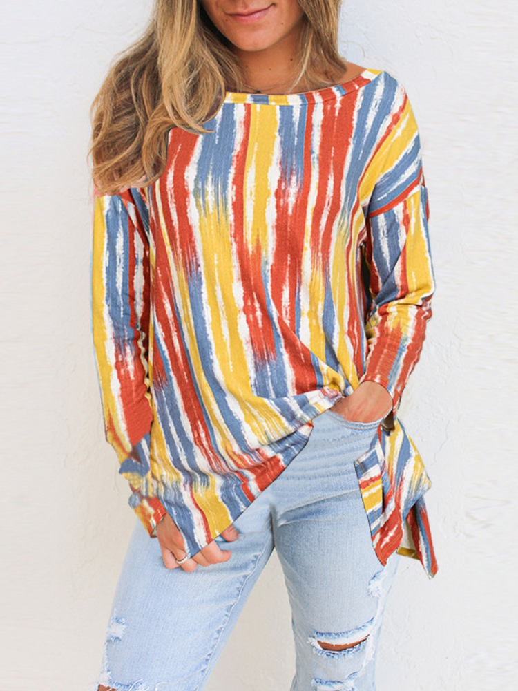 Women Watercolor Stripes Print O-neck Long Sleeve Blouses