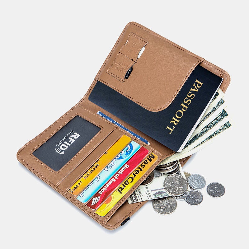 Unisex Genuine Leather RFID Multifunction Multi-card Slot Passport Bag Wallet With Elastic Strap