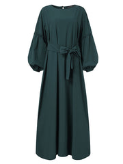 Women Long Sleeve Solid Color Belted O-Neck Button MaxiDress