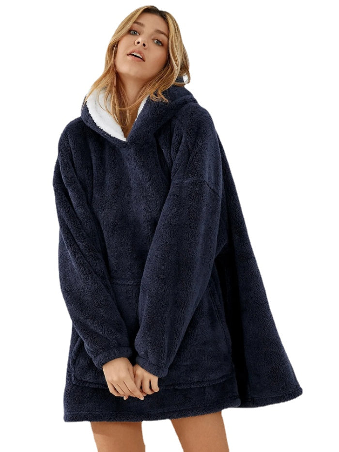 Women Solid Color Fleece Lined Thick Loose Warm Home Blanket Hoodie