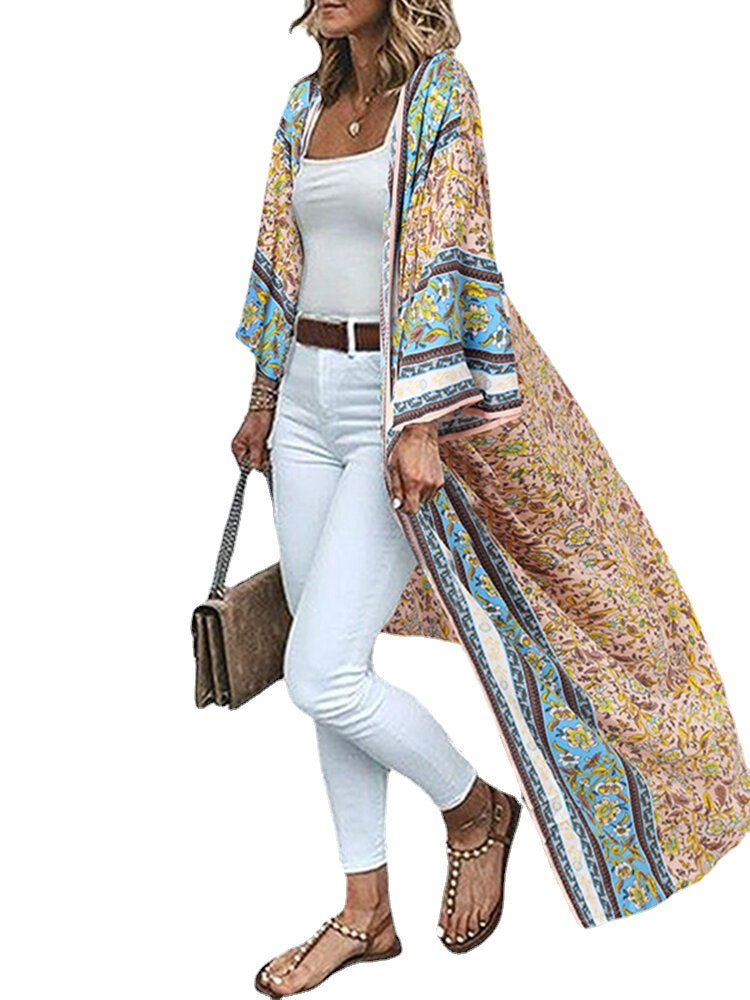 Bohemian Floral Print Loose Open Front Long Sleeve Cardigan