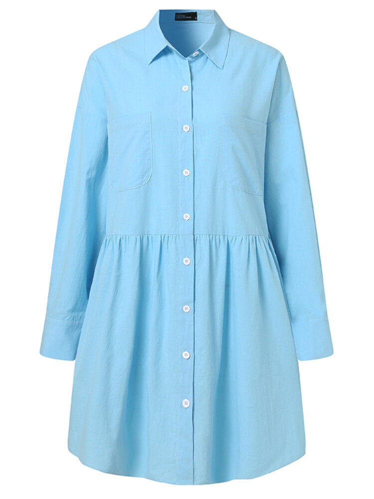 Casual Long Sleeve Lapel Collar Button Holiday Pleated Mini Dress