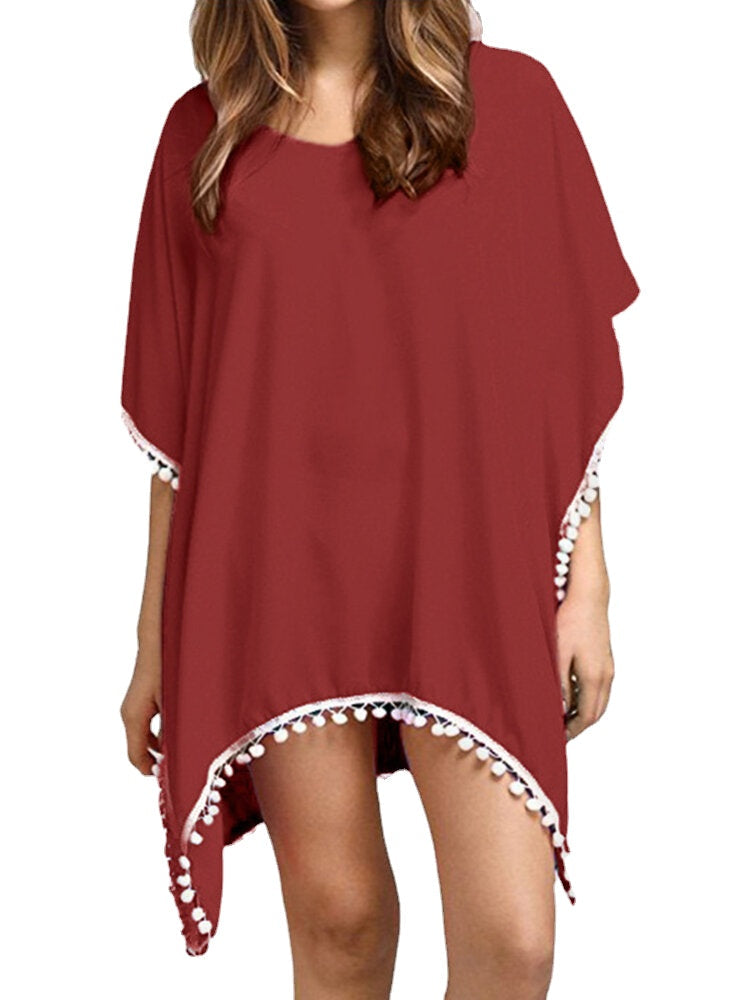 Women Solid Color Tassel Bat Sleeve Sun Protection Cover Ups Sunscreen Beachwear