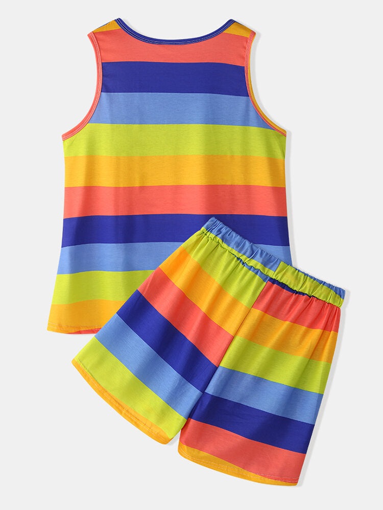 Plus Size Women Colorful Striped Sleeveless Tank Tops Pocket Shorts Comfy Pajama Set