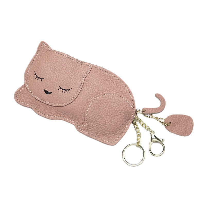 Women Genuine Leather Casual Cute Animal Nap Cat Pattern Mini Keychain Coin Storage Bag