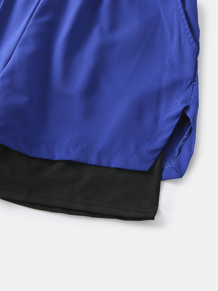 Men Solid Color Quick Dry Sports Running Casual Stretch Double Layered Board Shorts