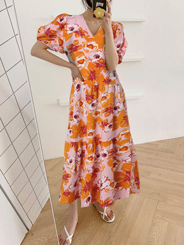 Bohemian Puff Sleeve Floral Splicing V-Neck Leisure Maxi Loose Dress For Women