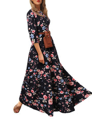 Women Bohemia Floral Print O-Neck Casual Half Sleeve Holiday Maxi Dresses