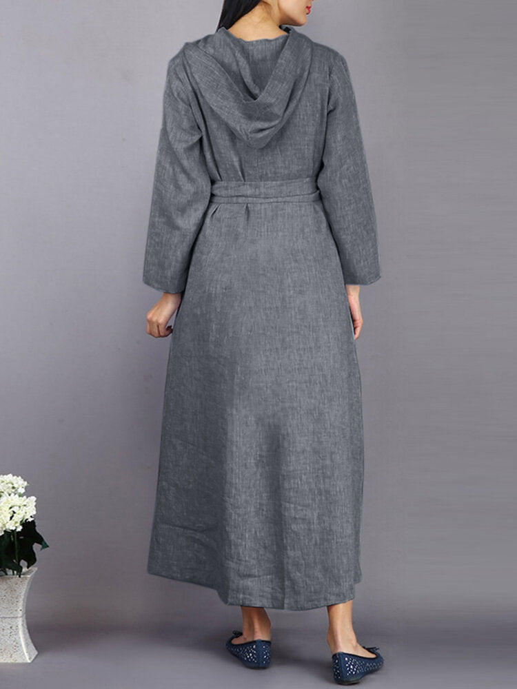 Women Hooded Loose Pleated Maxi Length Side Pockets Midi Dresses