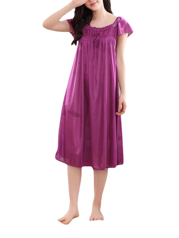 Women Solid Color Short Sleeve Smooth Home Nightgown