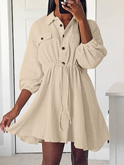 Solid Drawstring Button Lapel 3/4 Sleeve Shirt Dress