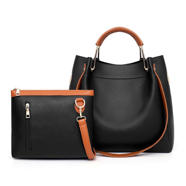 Women Leisure Faux Leather 2 Pcs Bucket Bag Crossbody Shoulder Handbag