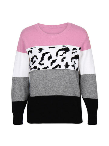 Women Color Block & Leopard Round Neck Long Sleeve Casual Sweaters