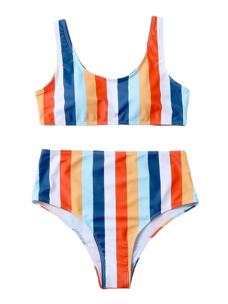 Women Colorful Stripe Wide Straps Top High Waisted Bikinis Swimsuit