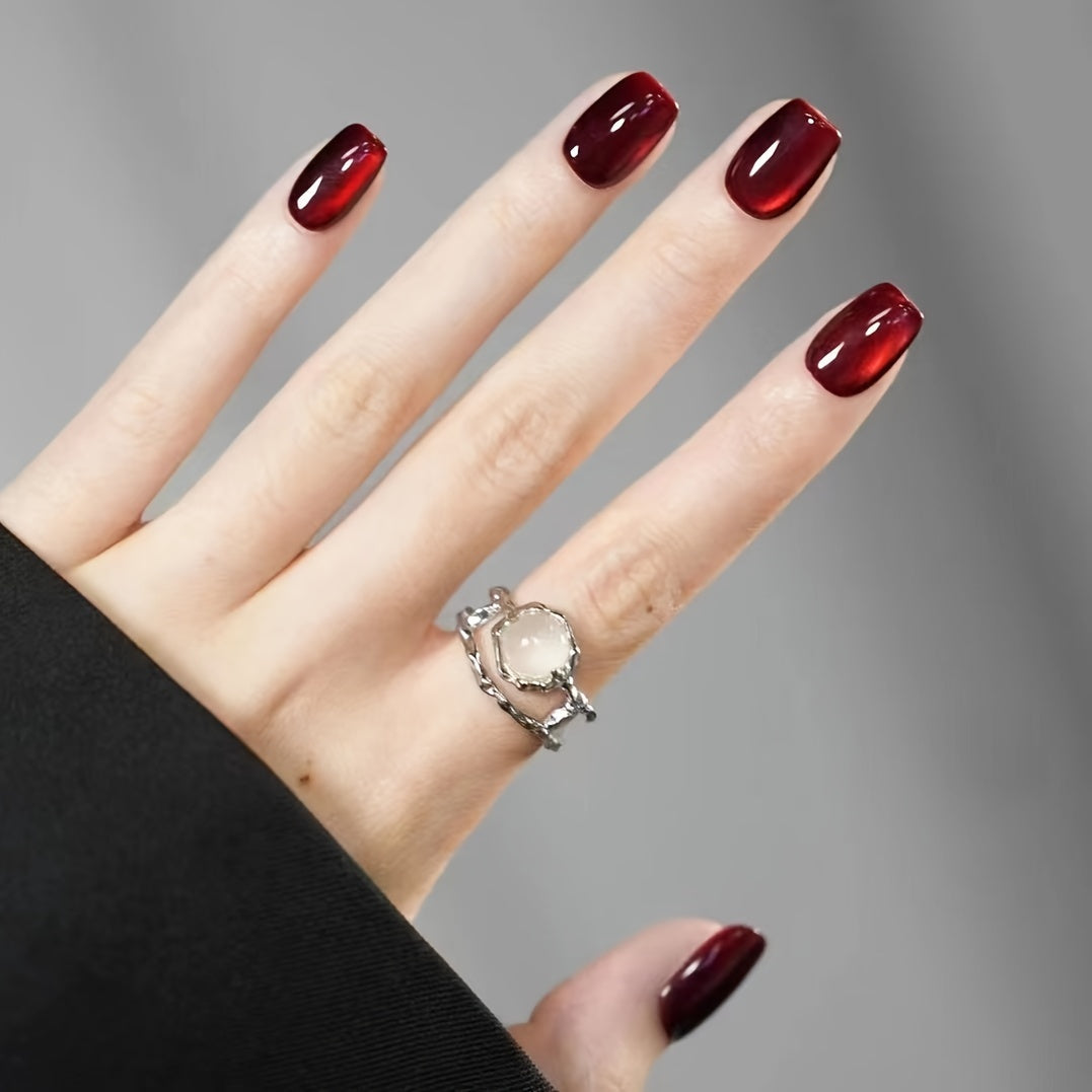 24Pcs Red Cat Eye Glitter Press On Nails - Medium Square Glossy Full Cover False Nails for Women