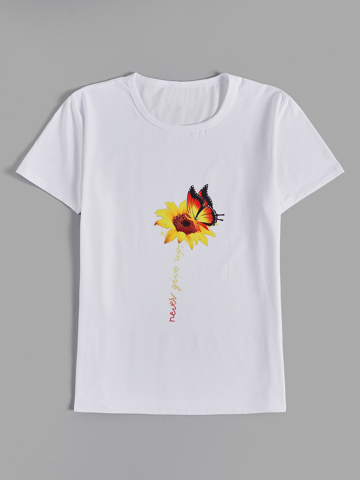 Sunflower And Butterfly Print Crew Neck Short Sleeves Casual Tee