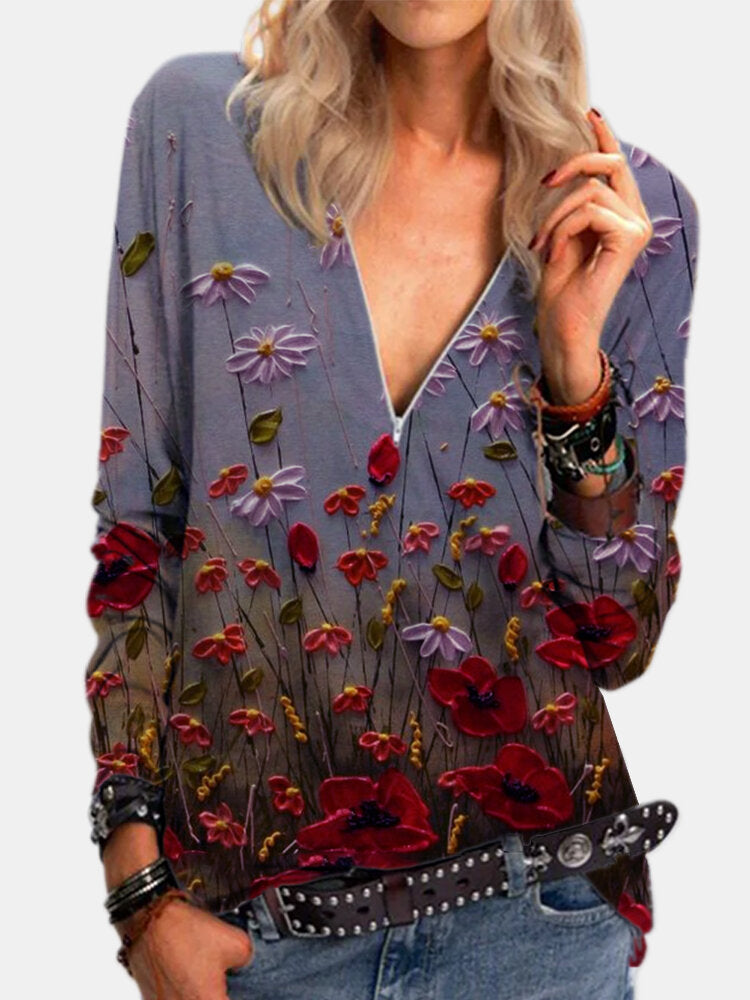 Women Flower Print V-Neck Zip Casual Long Sleeve Vintage Blouses