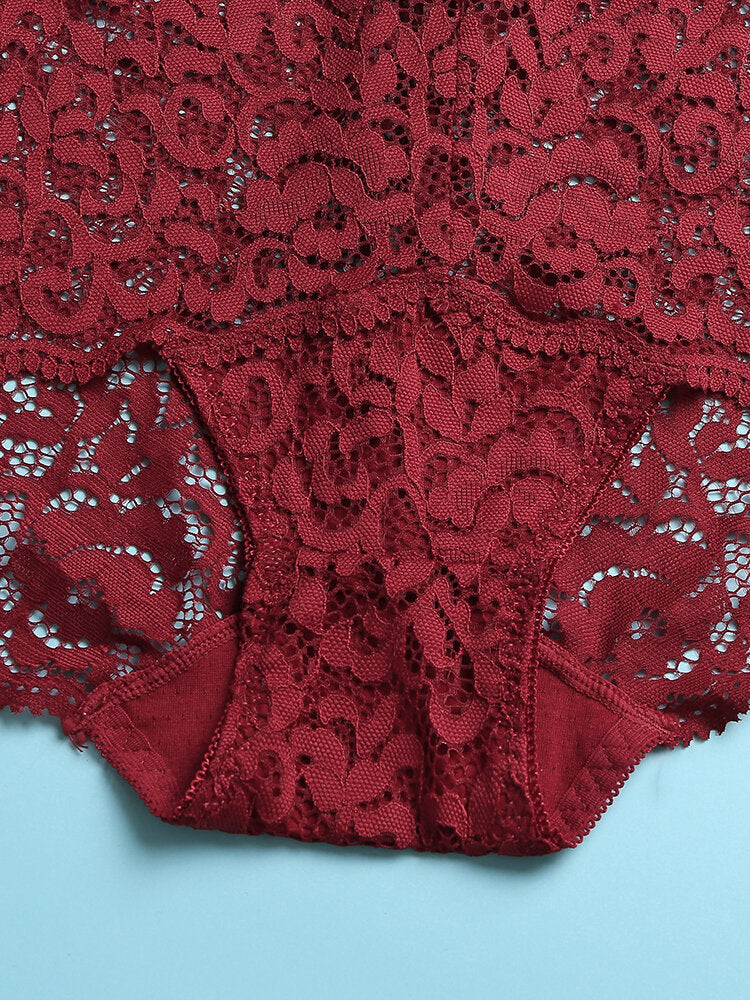 Women Lace Hollow See Through Out Mid Waist Panties