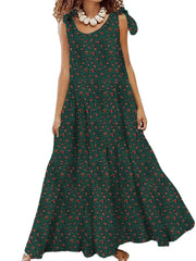 Women Cotton Floral Printing Sleeveless Detachable Bohemian Lace-Up Pleated Maxi Dress