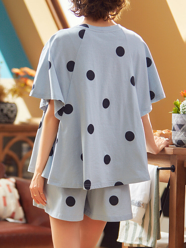 Women Polka Dot Print Round Neck Short Sleeve Shorts Casual Pajama Sets