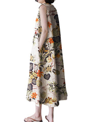 Women Plant Floral Print Sleeveless Loose Maxi Dress With Side Pocket