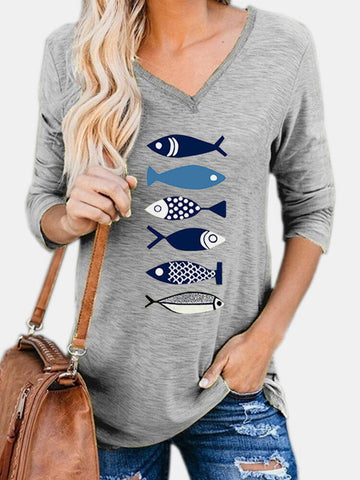 Women Fish Printed V-Neck Long Sleeve Cartoon Blouses