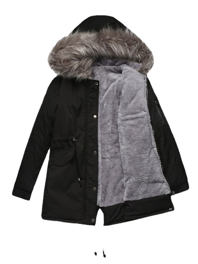 Plus Size Women Contrast Plush Lined Thick Hooded Coats With Faux Fur