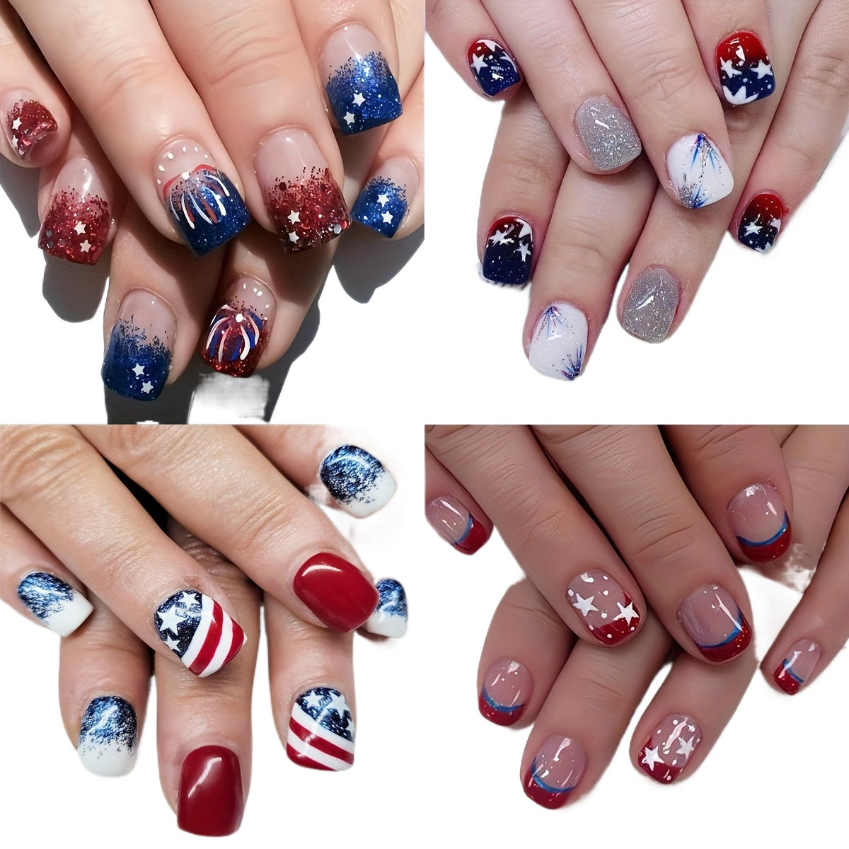 96-Piece Independence Day Press-On Nails Set - Red & Blue Stars & Fireworks, Short Square, Glossy Finish, Includes Jelly Adhesive & Nail File