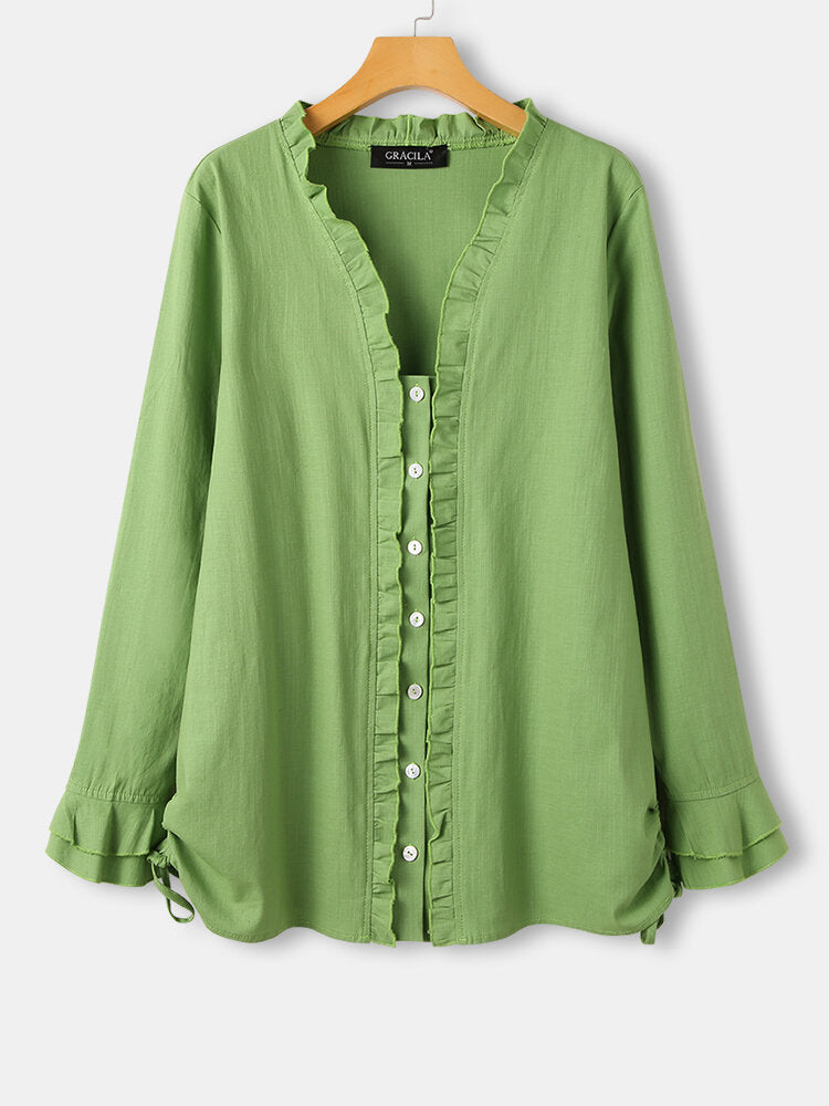 Women Green Ruffle Trim Long Sleeve Drawstring Button Casual Blouse