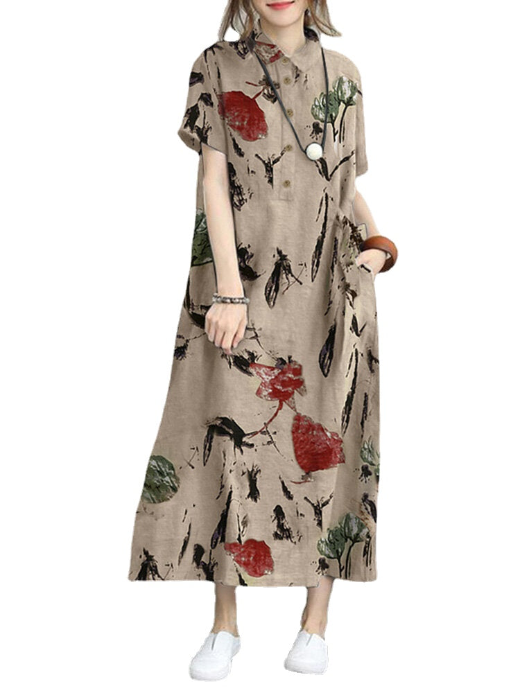 Flower Print Pocket Button Lapel Short Sleeve Casual Maxi Dress