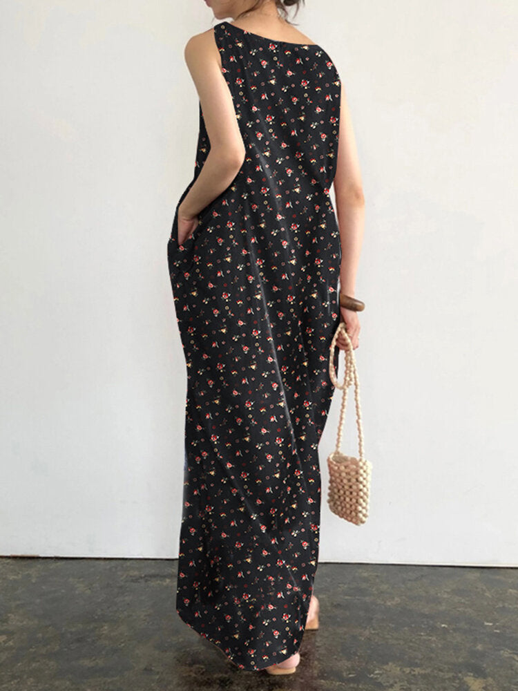 Pocket Ditsy Floral Round Neck Summer Sleeveless Maxi Dress