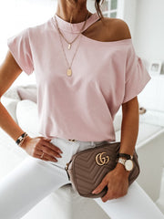 Women Solid Color Simple Half Strapless Design Casual Short Sleeve T-Shirts