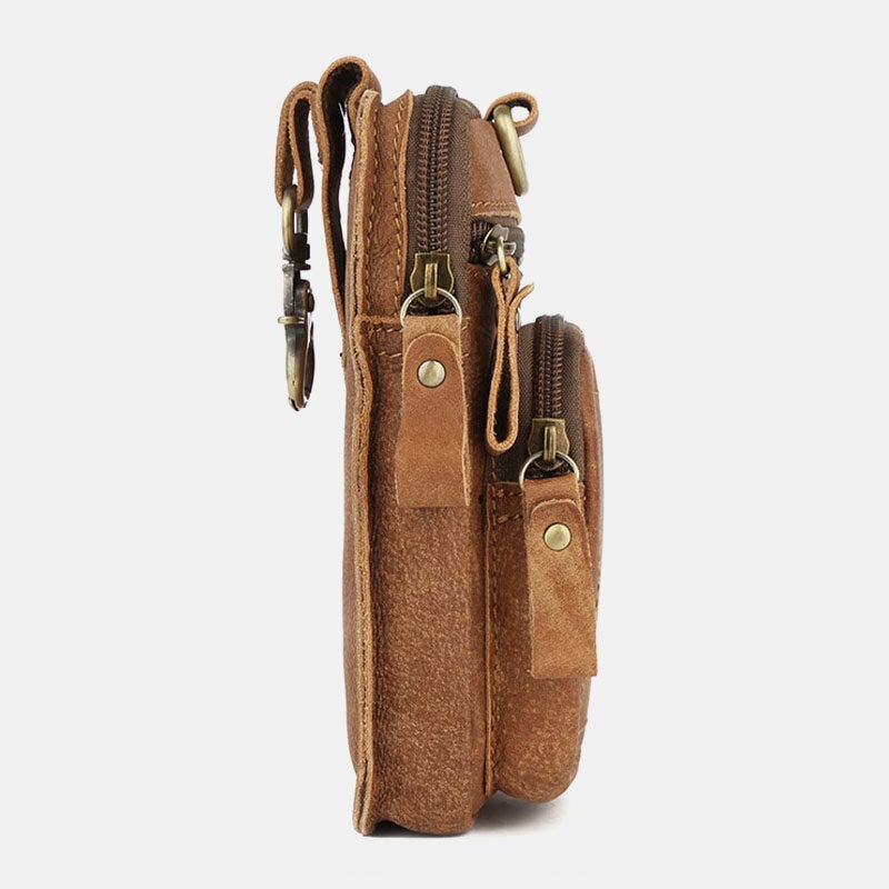 Men Genuine Leather Multi-pocket Belt Bag Retro 6.5 Inch Phone Waist With Hook