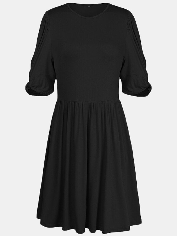 Women Pleats Solid Color Twist Sleeve Casual Dress