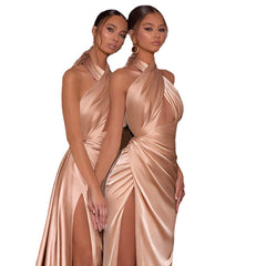 Graceful Satin Halter Dress - Solid Color, Elegant Style