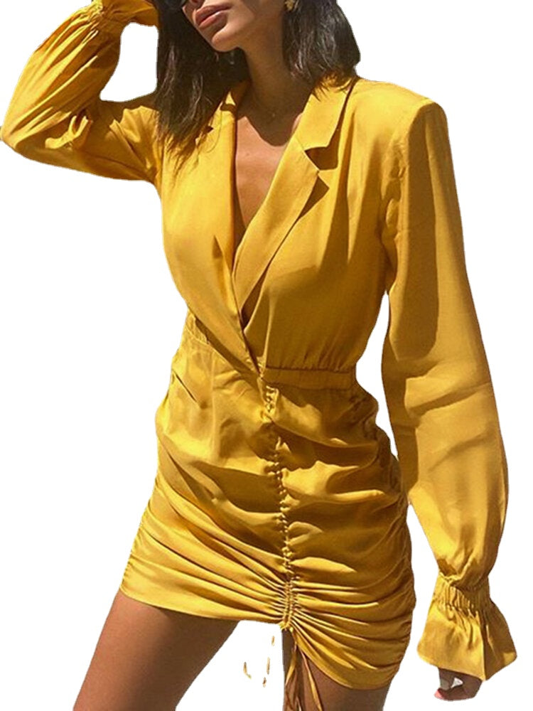 Women Ruched Cinch Front Lapel Casual Long Sleeve Mini Dresses