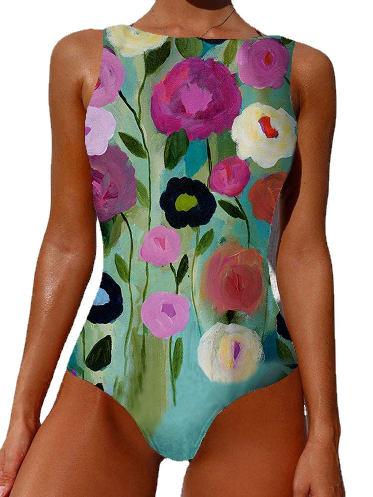Summer Holiday Abstract Flower Print Sleeveless High Neck Swimsuits
