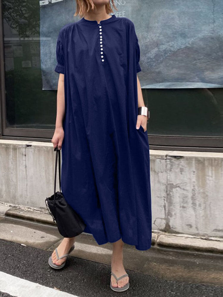 Casual Plain Puff Sleeves O-neck Pleated Solid Maxi Dress With Pocket