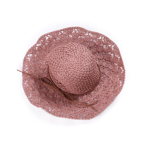 Woman Solid Color Large Edge Cap Travel Shade Straw Hat With Fine Needle Leather Rope