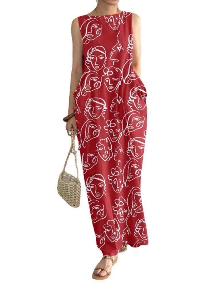 Sleeveless Print Pocket Round Neck Pattern Figure Maxi Dress