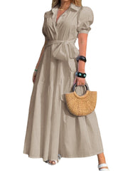 Solid Puff Sleeve Belt Bow Button Lapel Maxi Shirt Dress