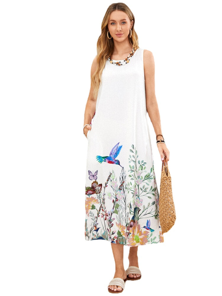 Sleeveless Plants Bird Print Casual Dress for Women