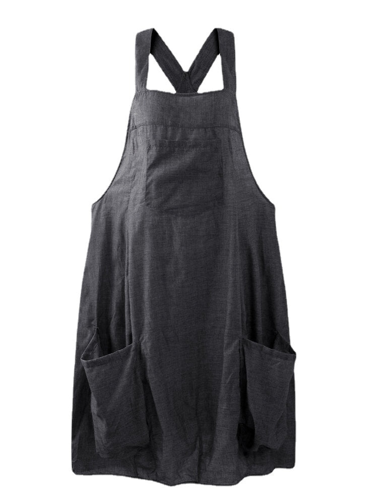 Women Straps Sleeveless Back Cross Pocket Dress Overalls