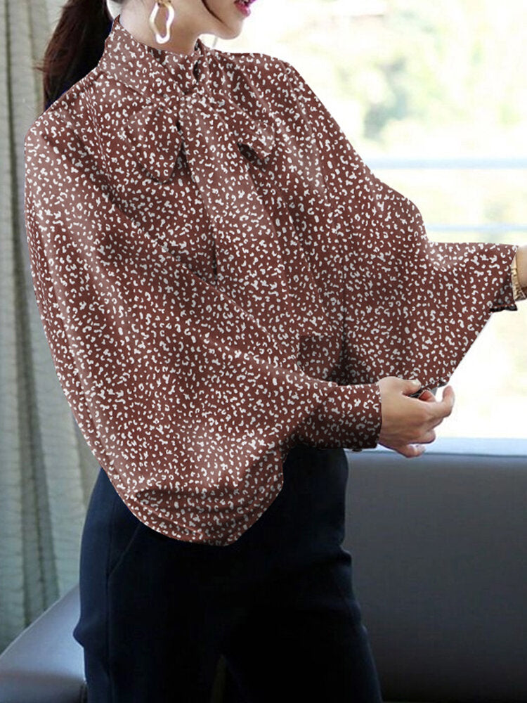 Women Print Lantern Sleeve Bow Collar High Collar Casual Blouse