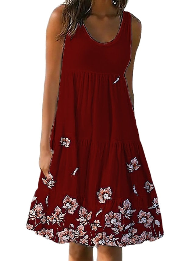 Women's Sleeveless Solid Color Ruched Round Neck Casual Beach Vacation Dress